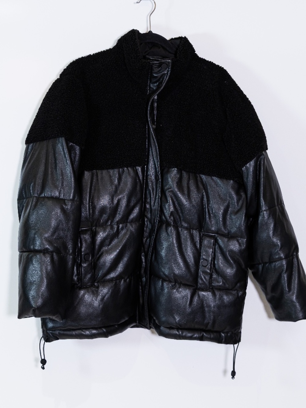 Good American Faux Vegan Leather Shearling Quilted Puffer Jacket Coat Black S
